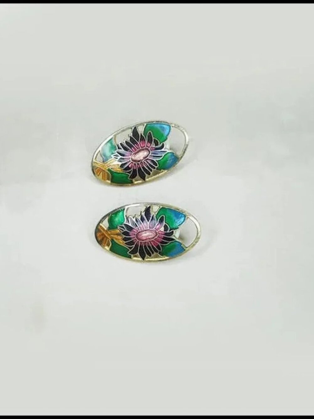 Vintage Cloisonne Brooch & Clip On Earrings Set Black Floral - Picture 4 of 9